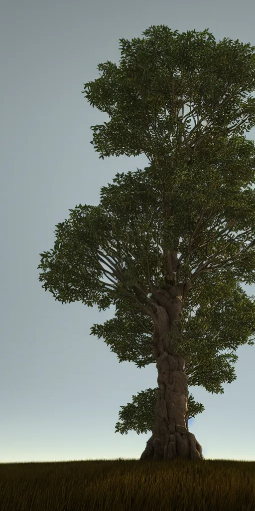 Image similar to the world tree standing tall on a lonely hill, photorealism, sunshaft, low polygon render