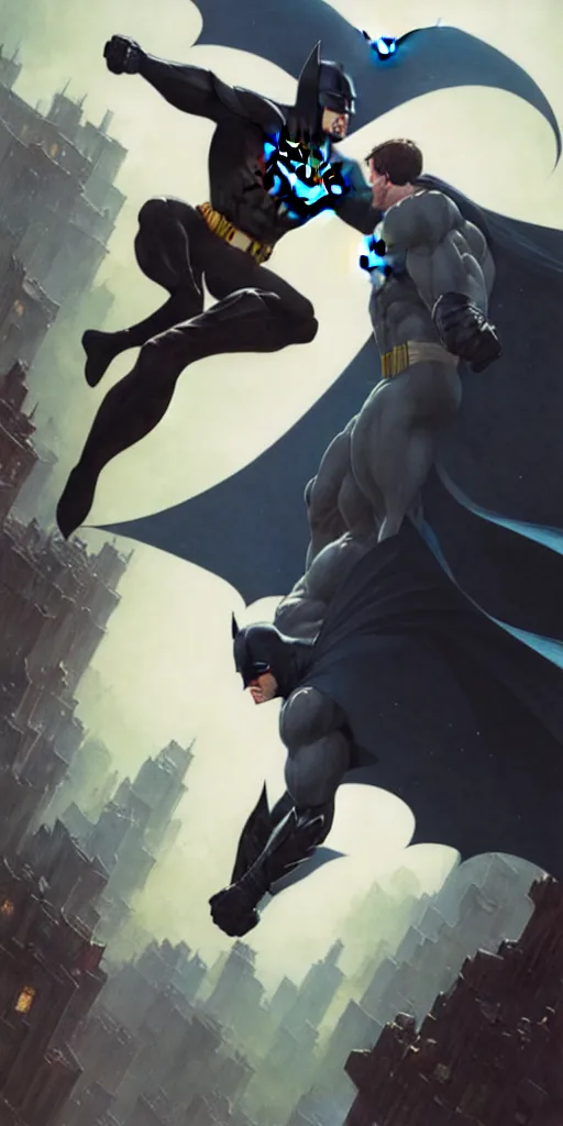 Image similar to Batman fistfighting Superman, Stephen Bliss, unreal engine, fantasy art by Greg Rutkowski, Loish, Rhads, ferdinand knab, Makoto Shinkai and Lois van baarle, ilya kuvshinov, rossdraws, Tom Bagshaw, alphonse mucha, global illumination, radiant light, detailed and intricate environment