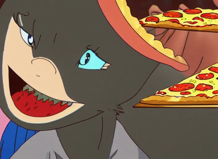 Image similar to anime film still of a dragon eating a pizza, 8 k