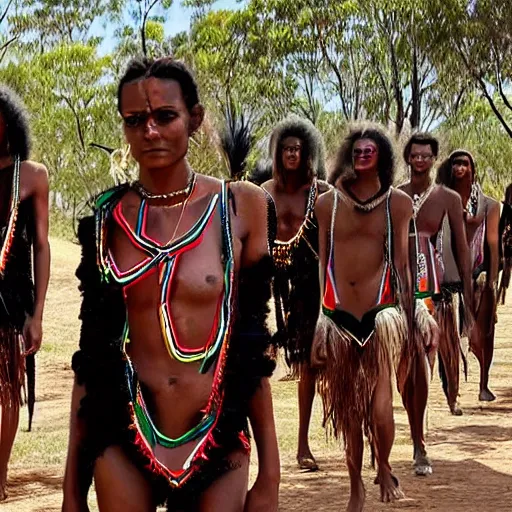 Prompt: a modern day fashion catwalk of an australian aborigine