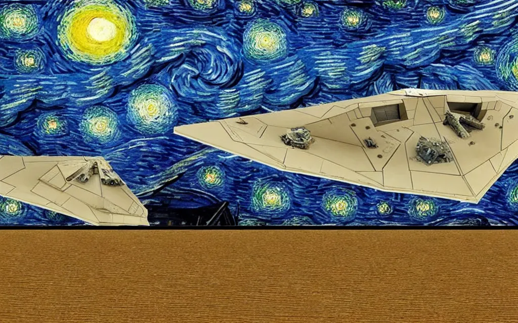 Image similar to star wars star destroyers in the sky of the starry night with by van gogh