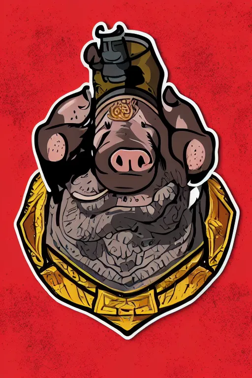 Image similar to A portrait of a pig as an evil warlord general, sticker, Anthropomorphized, portrait, highly detailed, colorful, illustration, smooth and clean vector curves, no jagged lines, vector art, smooth