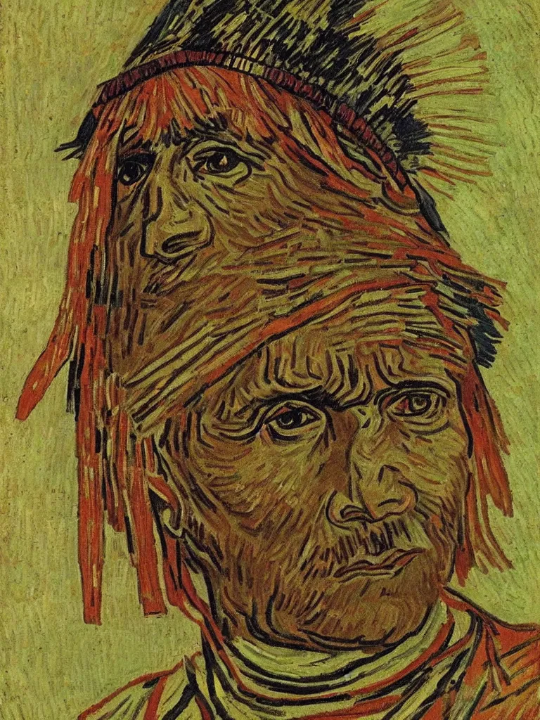 Prompt: Chief of the Native American tribe, portrait by Van Gogh