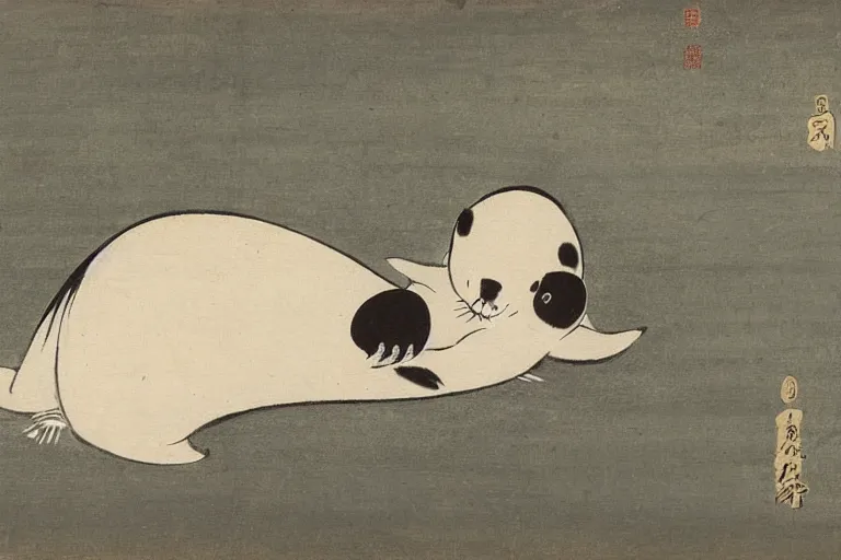 Image similar to baby harp seal as oni, Japanese painting, 1800