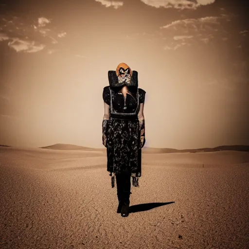 Image similar to full body shot of a pale woman in a desert lanscape, wearing a full face occult mask, dry desert background, award winning photography, 8k, in the style of Darren Arnofsky, David Lynch and Alejandro Jodorowsky,