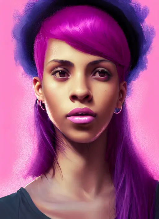 Image similar to portrait of teenage vanessa morgan with bright pink hair, black girl, curly pixie cut hair, wearing a purple breton cap, breton cap, hoop earrings, intricate, elegant, glowing lights, highly detailed, digital painting, artstation, concept art, smooth, sharp focus, illustration, art by wlop, mars ravelo and greg rutkowski