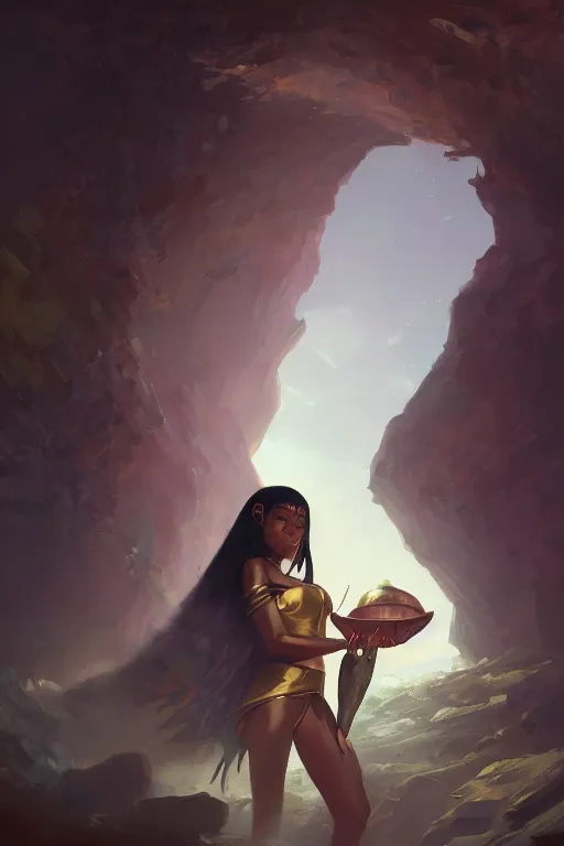 Prompt: a ultradetailed beautiful panting of an egyptian sorceress black woman casting powerful spells, digital oil painting, mysterious cave by ilya kuvshinov, greg rutkowski and makoto shinkai, trending on artstation