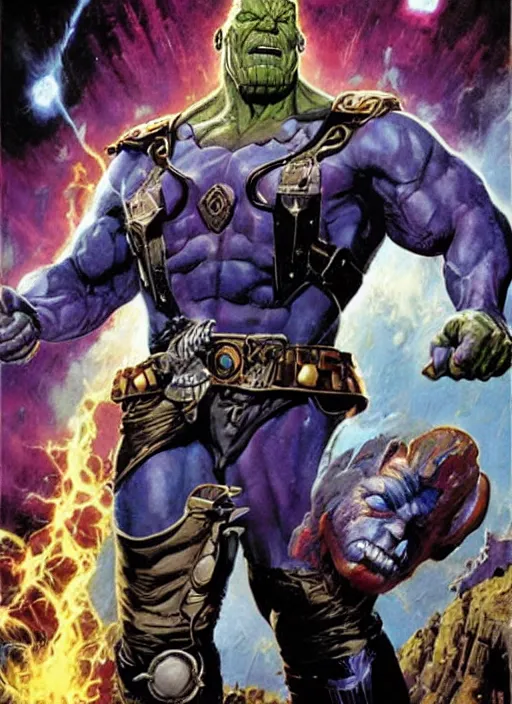 Image similar to full body and head portrait of josh brolin as marvel thanos, dynamic action, painted by norman rockwell and phil hale and greg staples and tom lovell and frank schoonover and jack kirby