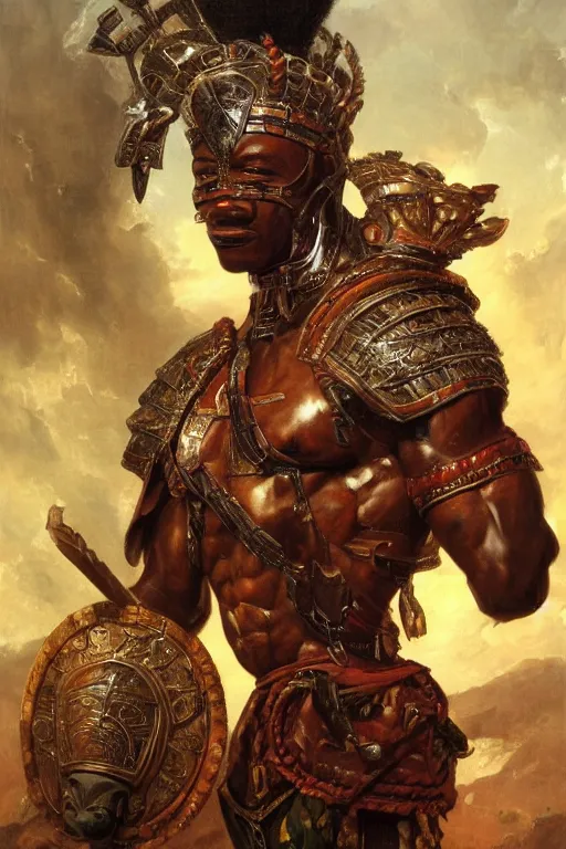 Image similar to a powerful and muscular make african warrior , half body portrait, ornate armour, realistic oil painting by Thomas Cole and Wayne Barlowe