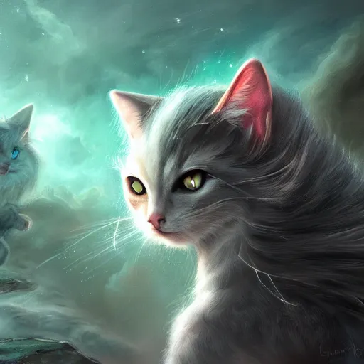 Image similar to fantasy cat that balances good and evil in the universe, high detail, fantasy art, concept art, 4 k, ultra detail, computer art