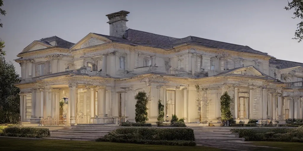 Prompt: 3d rendering of beautiful nature meets neo classical architecture concept of a residential house by Des Ewing Architects, volumetric lighting,, luxury, high detail, 14mm, cinematic photography, cg architects, featured in Open House magazine, high resolution