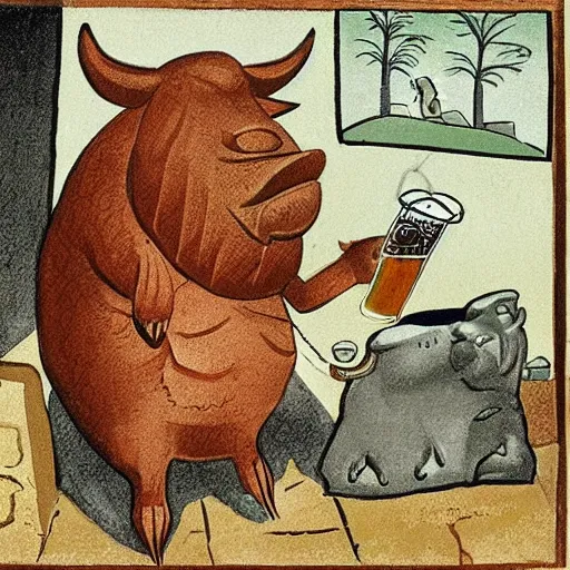 Image similar to an anthropomorphic boar drinking beer