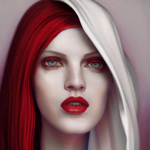 Prompt: portrait of a beautiful tall and feminine albino supermodel wearing niqab, photograph, award wining, red and white, trending on artstation, punk attitude, 4k, unreal engine 5, octane render, neon highlights with red long wavy hair drawn by Donato Giancola and Tom Bagshaw and Julie Bell, face by Artgerm, overall design by Alphonse Mucha, background by James Jean and Gustav Klimt, 4k, porcelain skin, komorebi, french nouveau, trending on artstation, octane render, hyperrealistic