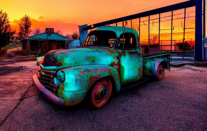 Image similar to a sunset light landscape with historical route 6 6, lots of sparkling details and sun ray ’ s, blinding backlight, smoke, volumetric lighting, colorful, octane, 3 5 mm, abandoned gas station, old rusty pickup - truck, beautiful epic colored reflections, very colorful heavenly, softlight