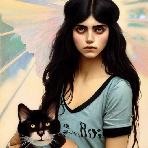 Prompt: emo mexican girl and her cat, with long dark hair, thick straight eyebrows!!! deep dark big shiny eyes and dark circles!, wide nose!, oval face shape, big cheeks! by juan villafuerte, greg rutkowski and alphonse mucha, pexels contest winner, high quality photo, rtx, hd