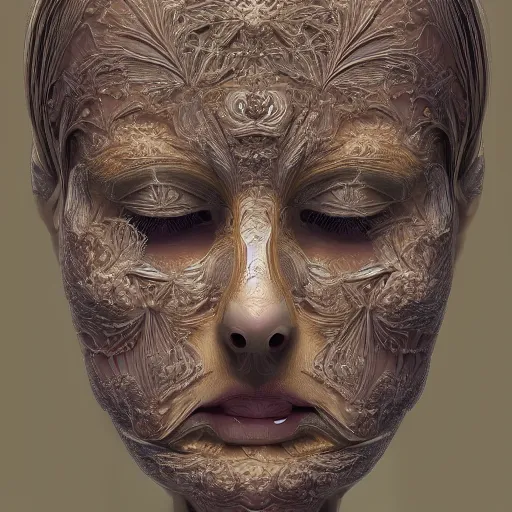 Image similar to face portrait of a beautiful woman, 150 mm, anatomical, flesh, flowers, mandelbrot fractal, veins, arteries, symmetric, intricate, golden ratio, full frame, microscopic, elegant, highly detailed, ornate, ornament, elegant , luxury, beautifully lit, ray trace, octane render in the style of peter Gric , alex grey and Romero Ressendi