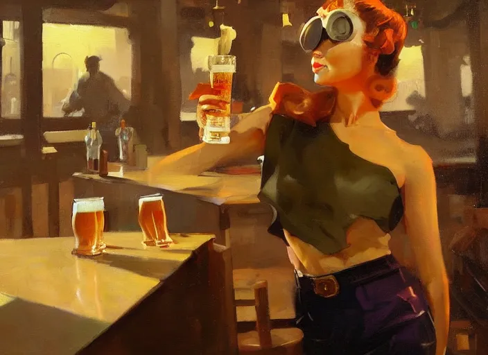 Image similar to greg manchess still life painting of a delicious mug of beer in an empty dieselpunk bar, organic painting, matte painting, bold shapes, hard edges, street art, trending on artstation, by huang guangjian and gil elvgren and sachin teng