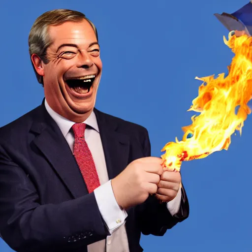 Image similar to nigel farage laughing holding burning eu flag, studio photograph, hd, studio