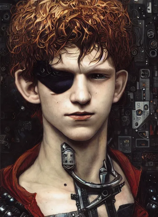 Image similar to portrait of young gothic Tom Holland, cyberpunk, Warhammer, highly detailed, artstation, illustration, art by Gustav Klimt and Range Murata and Katsuya Terada