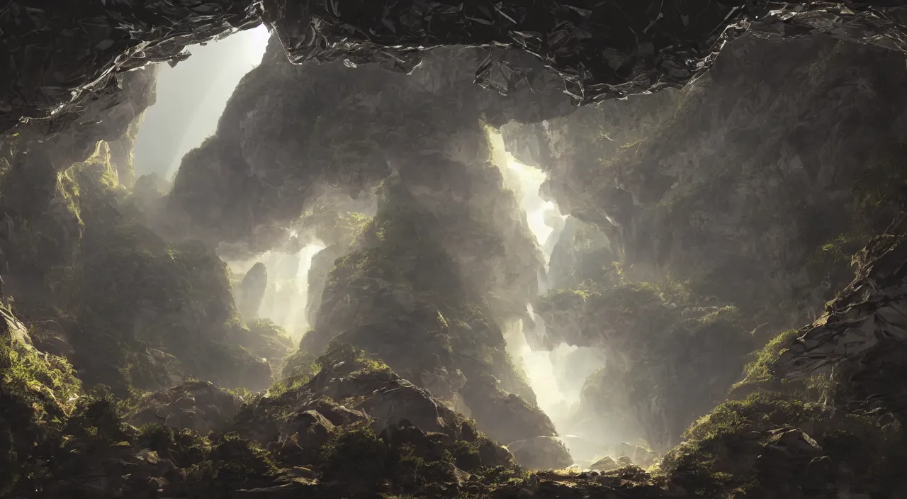 Image similar to biological crystallographic lattice bridging megastructure, in a canyon by glenn small, by albert bierstadt, photorealistic, zaha hadid, god rays, volumetric lighting, detailed, extremely intricate, raytrace, octane, light fog, neon