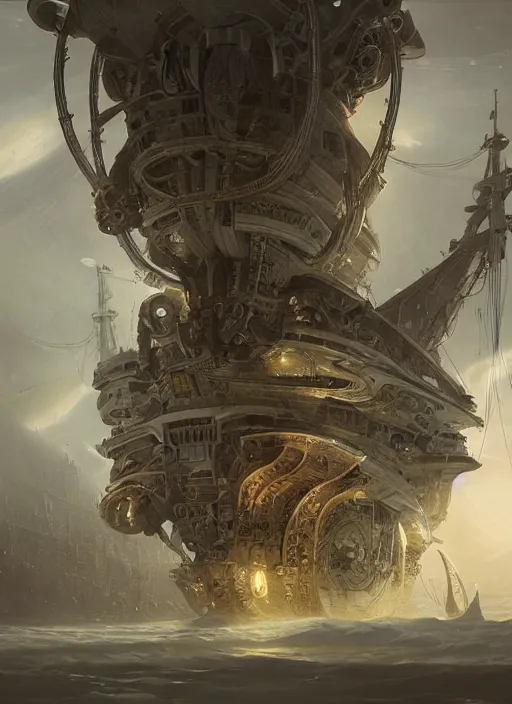 Image similar to epic concept illustration, highly detailed, intricate mechanical design, hard science concept art, star fleet nautilus ship being prepared for launch, by greg rutkowski and alphonse mucha. uhd, cinematic lighting, amazing depth, cinematography by 2 0 1 7