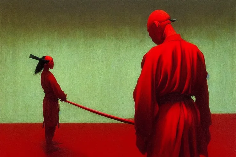 Image similar to only with red, a red samurai harakiri, tokio, a lot of frogs watch, in the style of beksinski, parts by edward hopper, parts by rodcenko, parts by yue minjun, intricate and epic composition, red by caravaggio, insanely quality, highly detailed, masterpiece, red light, artstation, 4 k