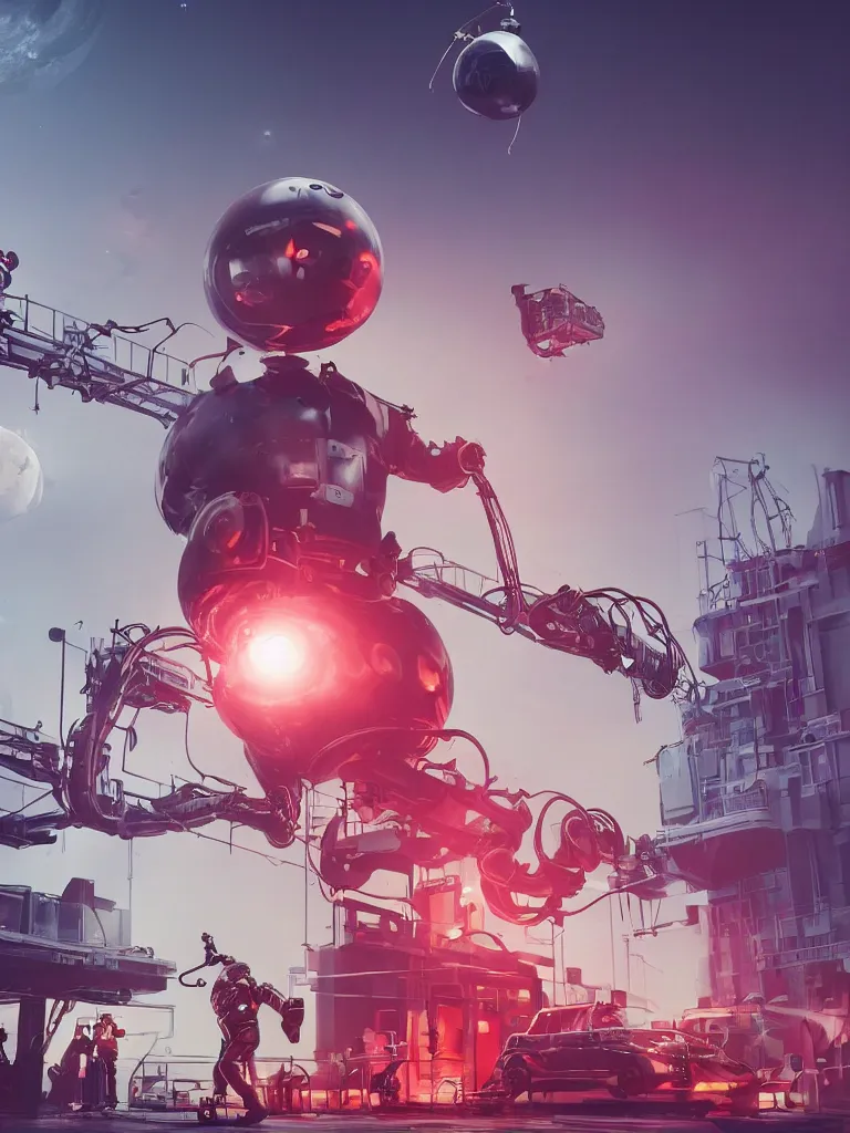 Prompt: graphic art of dystopian futuristic 1 0 mechanic surgeons in space suits, operate on a huge mickey - mouse! severed - head!! held by a crane. ominous glowing red netflix!!! sign in the background, trending on art station, beeple!!, clean concept art, smooth, octane render