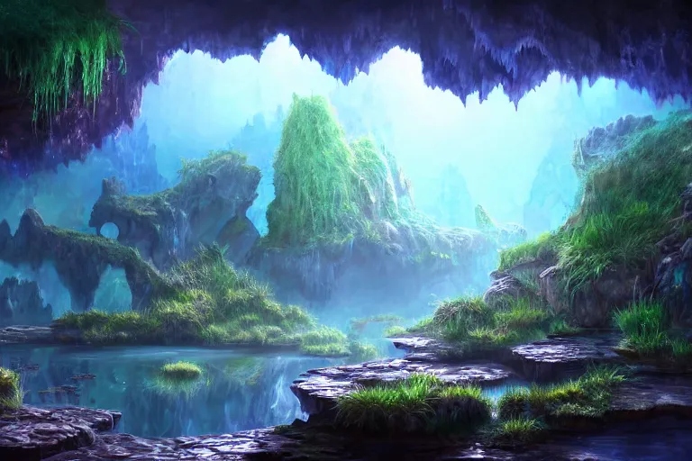 Image similar to beautiful stunning painting of a deep mysterious rocky varied cave landscape filled with large magic glowing clear crystals and filled with some ((plants)) and a small reflective pond, fantasy, digital art, realism, unreal engine, sharp, detailed, trending on artstation