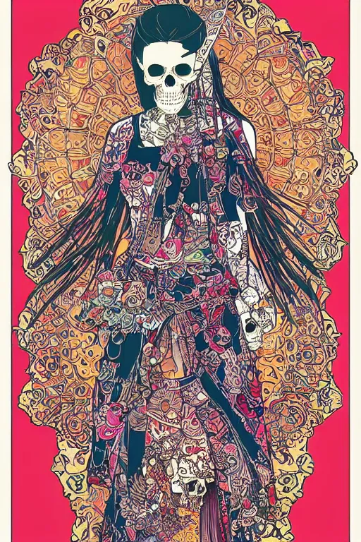 Image similar to thai traditional dress, skull portrait girl female skeleton illustration detailed patterns art pop art, splash painting, art by geof darrow, ashley wood, alphonse mucha, makoto shinkai