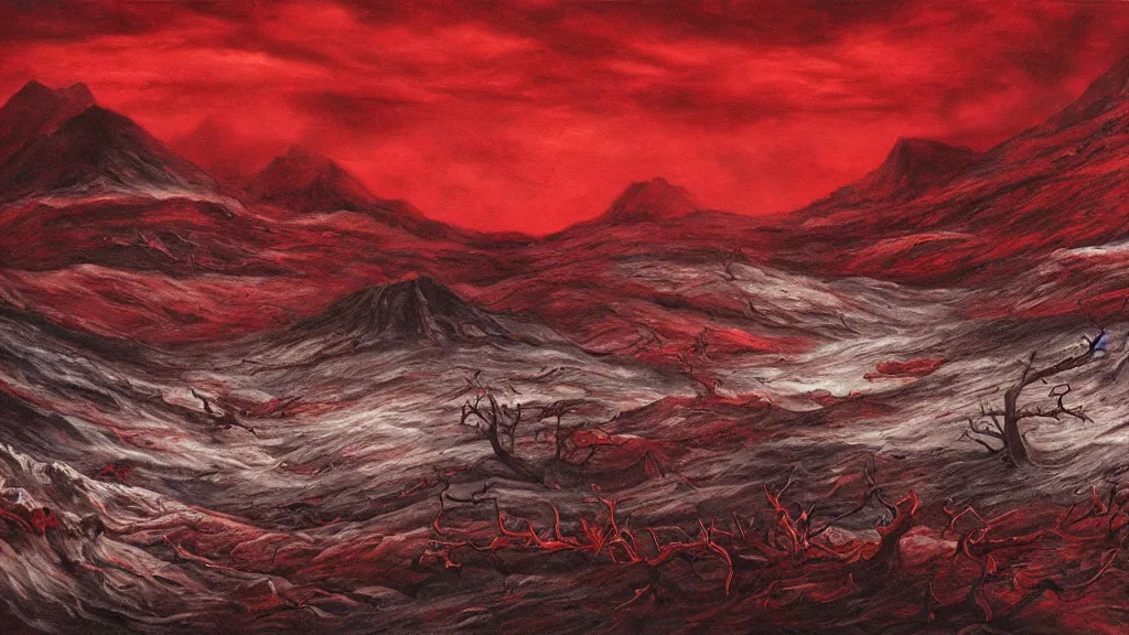 Prompt: dark blood red detailed landscape, chilling overwhelming oil painting, brutal unforgiving fantasy hell, dreadful and horrifying endless torture