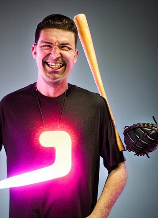 Image similar to guy with a baseball bat over the shoulder, bionic augments, evil smile, dressed in a t-shirt with an atomic explosion logo, colorful pants, sport shoes with led lightning,