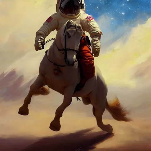 Image similar to An astronaut riding a horse in space, oil on canvas by Frank Frazetta, artstation, digital art, WLOP, Mandy Jurgens