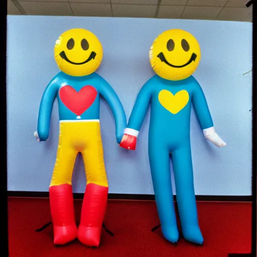 Image similar to 1978 teenage girl holds hands with smiley inflatable boyfriend at high school, color John Waters film, in school hallway, dirty walls, archival footage, technicolor film, 16mm, live action, Fellini, campy