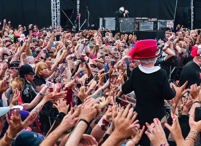 Prompt: photo still of queen elizabeth at vans warped tour!!!!!!!! at age 7 0 years old 7 0 years of age!!!!!!! throwing down in the mosh pit, 8 k, 8 5 mm f 1. 8, studio lighting, rim light, right side key light