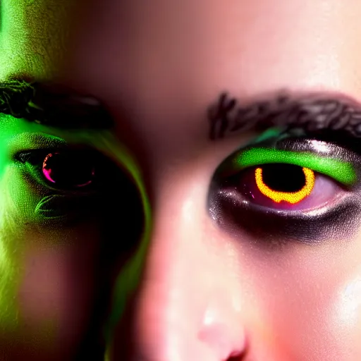 Prompt: close up detail of the face of cyborg jennifer lawrence as the bride of frankenstein, macro photography, glowing eyes