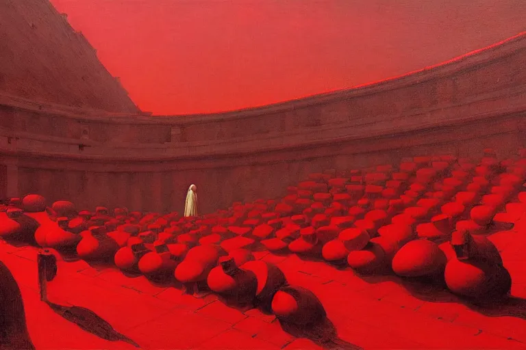 Image similar to only with red, a red great emperor, taormina amphitheatre, expressive crowd hails him, in the style of beksinski, parts by edward hopper, parts by rodcenko, parts by yue minjun, intricate and epic composition, red by caravaggio, insanely quality, highly detailed, masterpiece, red light, artstation, 4 k