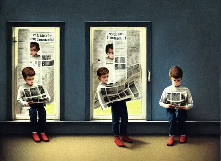 Image similar to a very boring day in school, kids wearing identical clothes reading newspapers, painting by quint buchholz and ray caesar, muted colors, gray, dull, boring, low energy, pale blue faces, very detailed