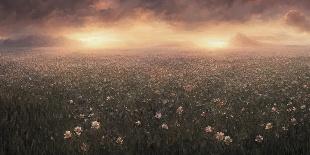 Prompt: concept art of a white flower field stained in blood, dramatic, epic painting, sunset skies, painting by wlop, nixeu and greg rutkowski, beautiful, semirealism, artstation, octane render, oil painting, sharpness, 8 k, golden ratio