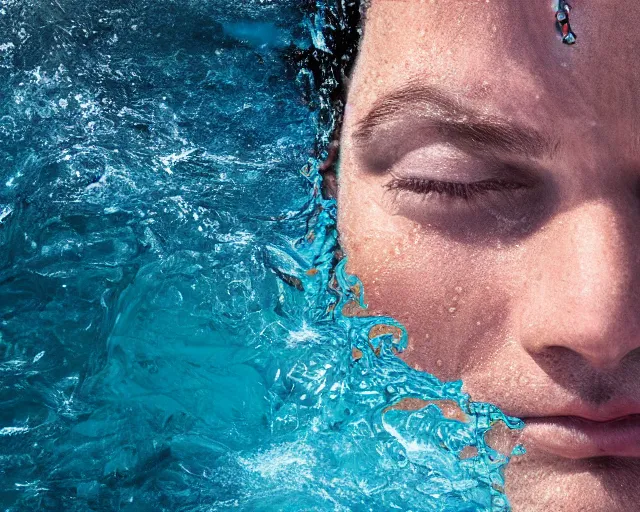 Image similar to water art manipulation of a surreal human head with open eyes burried in the ocean, shot from above, hyper realistic, ray tracing, realistic water, sharp focus, 8 k resolution, cinematic