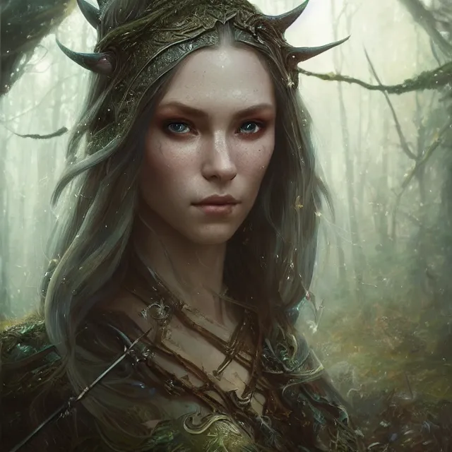 Image similar to close up portrait of a beautiful female elven warrior, magical forest background fantasy atmosphere. art by greg rutkowski. highly detailed, intricate, lifelike. sci - fi, fantasy, magical, nikon d 8 5 0.