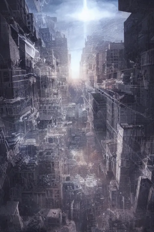 Image similar to a hole in the sky consuming an entire city, dynamic lighting, photorealistic digital art, mysterious