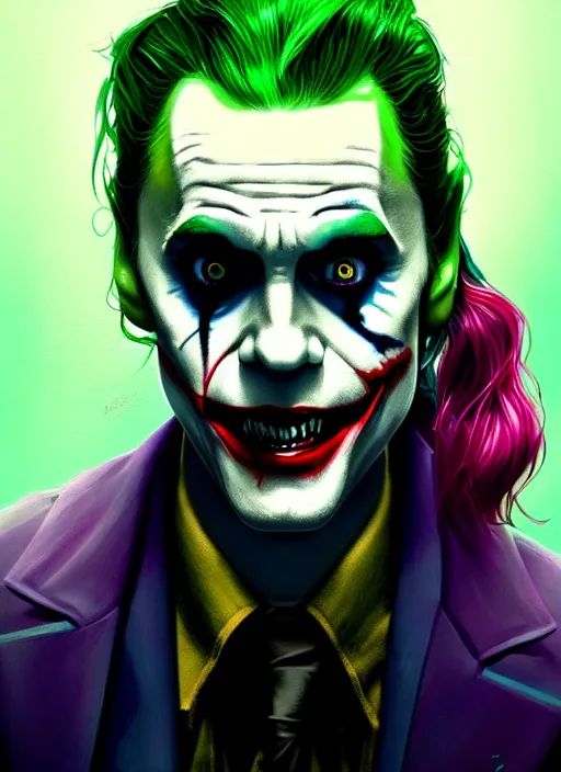 Image similar to portrait of jared leto as the joker, green hair, intricate, elegant, glowing lights, highly detailed, digital painting, artstation, concept art, sharp focus, illustration, art by wlop, mars ravelo and greg rutkowski