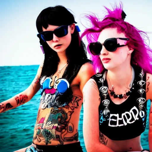 Image similar to girls on the sea, punk style, high quality, 8 k