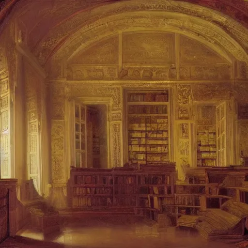 Image similar to painting of an empty dishelved studying room with yellow light from above, books scattered, highly detailed, intricate, dark colors, j. m. w turner, 8 k, intricate, dramatic lighting