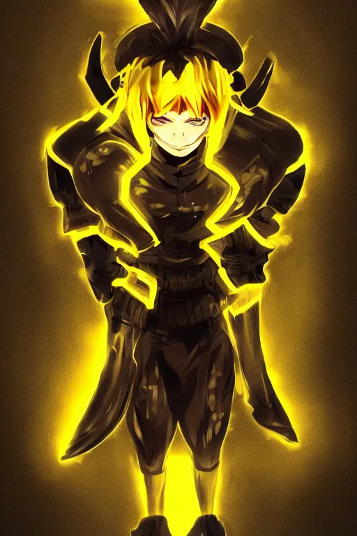 Image similar to glowing black male anime character, short golden hair, yellow eyes, symmetrical, highly detailed, digital art, sharp focus, trending on art station, samurai, electricity superpowers, anime art style