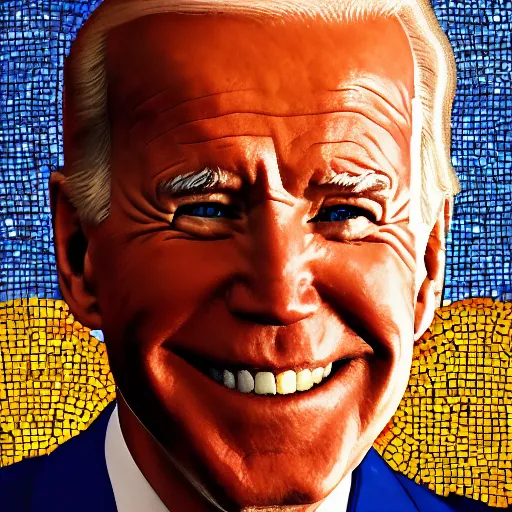 Prompt: portrait mosaic of a joe biden with robot ears and eyes, 4k, intricate details, digital, sun in the background