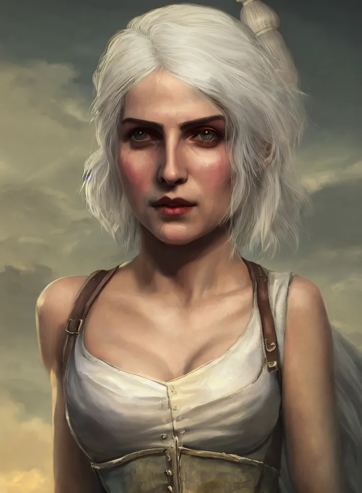 Image similar to a half portrait of ciri from the witcher 3 wearing a white sundress in fallout 4, platinum hair, fantasy setting, beautiful face, warm colors, serene lighting, atmospheric, cinematic, moody, in the style of diego koi, gina heyer, luiz escanuela, art by alyssa monk, hyperrealism, rule of thirds, golden ratio, oil on canvas, 8 k