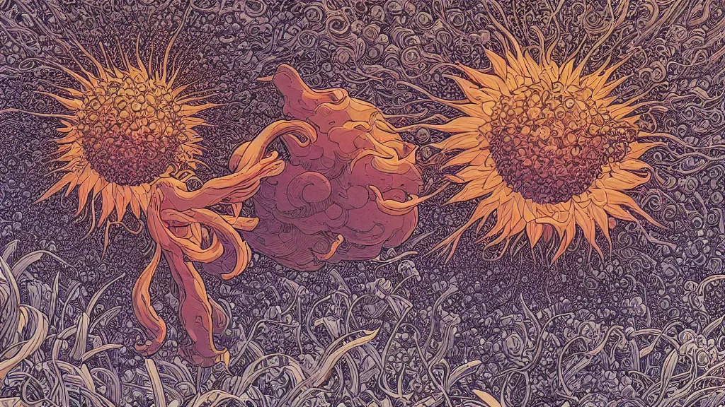 Image similar to highly detailed illustration of an explosion of flowers by moebius, by aaron horkey, by nico delort, by dan mumford, by otomo, by makoto shinkai, 4 k resolution, realistic colors