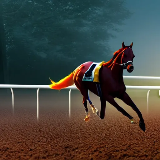 Prompt: close up front view of dense fog at a horse racing track. a glistening stallion ( ridden by a jockey in colorful outfit ) suddenly emerges from the fog head first, galloping extremely hard to win a race. professional, digital art, photorealistic, cinematic.