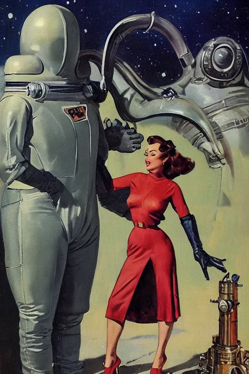 Image similar to 5 0 s pulp scifi fantasy illustration full body portrait elegant woman wearing latex spacesuit standing beside monster, by norman rockwell, edd cartier, roberto ferri, jack kirby, earle bergey, ruan jia, jason fabok, tom lovell, frank r paul, dean cornwell, astounding stories, amazing, fantasy, other worlds